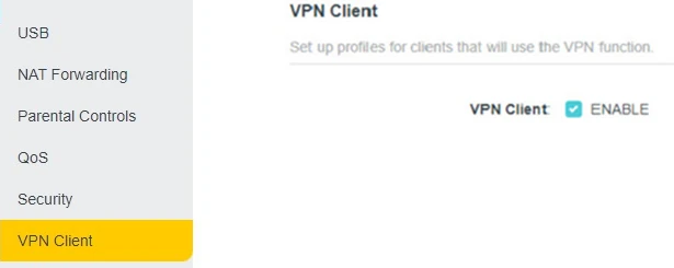 TP-Link Archer AX1800, Advanced tab, V⁠PN Client item in the left menu, Enable ticked