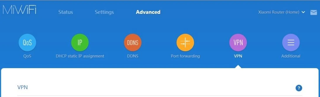 Xiaomi MiWiFi, вкладка Advanced: ряд значков разделов, выбран V⁠PN