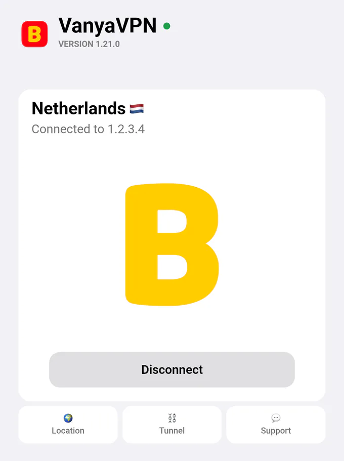 App main screen on Android: PROXY connected, location Netherlands