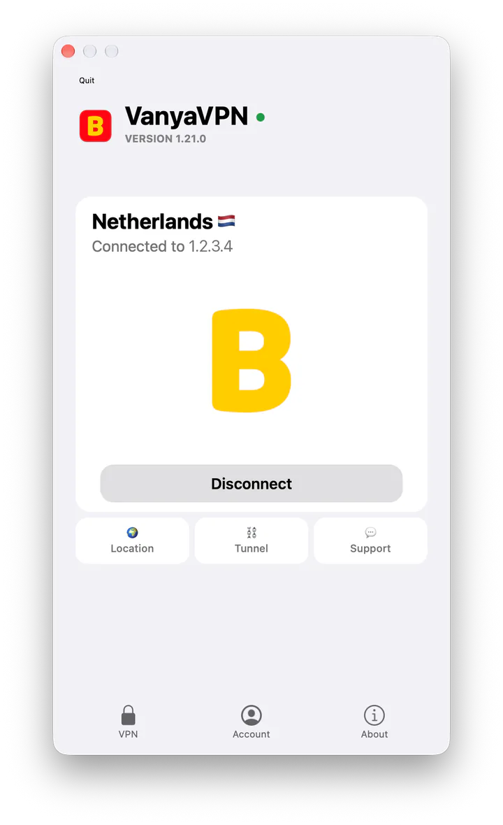 VanyaPROXY window on a Mac: PROXY connected, location Netherlands
