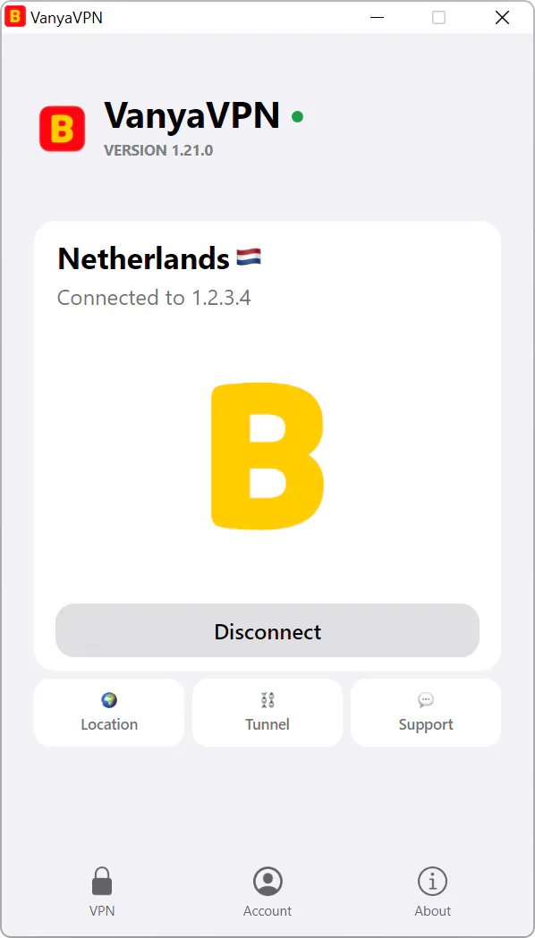 VanyaPROXY window on Windows: PROXY connected, location Netherlands